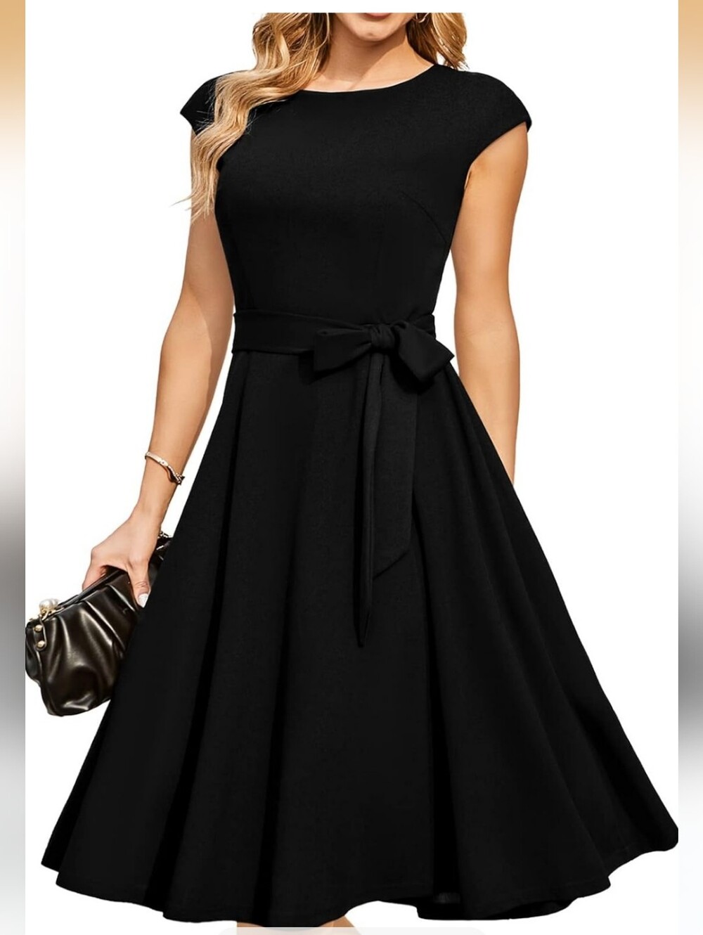 Black Midi Fit-and-Flare Dress with Waist Tie